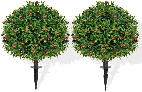 Artificial Olive Topiary Ball Trees 2 Pack 16 Inches UV Resistant