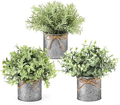 Mkono Small Fake Plants in Galvanized Metal Pots 3 Pack