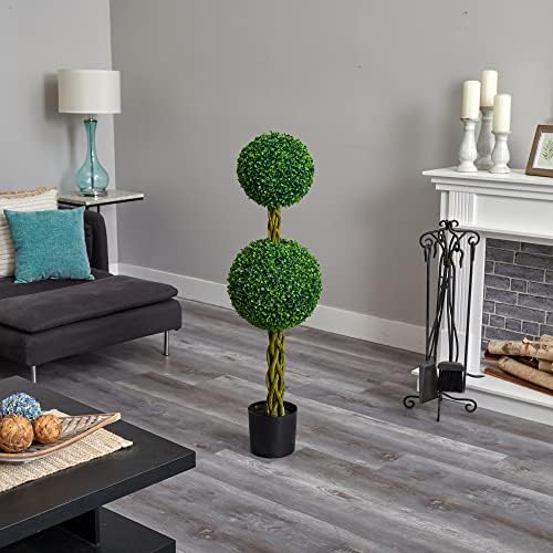 Nearly Natural 4ft Boxwood Double Ball Artificial Topiary Tree with Woven Trunk