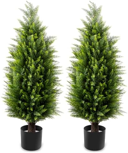 Two 3ft UV Resistant Artificial Cedar Topiary Trees Set of 2