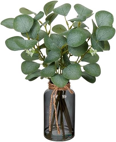 Briful Artificial Eucalyptus Leaves in Black Glass Vase