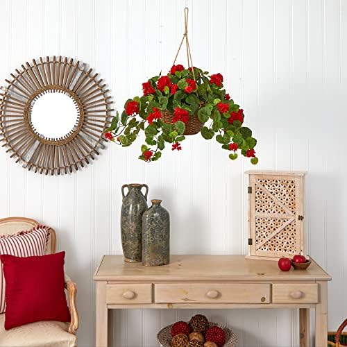 Nearly Natural 24in Geranium Hanging Basket Silk Plant Red