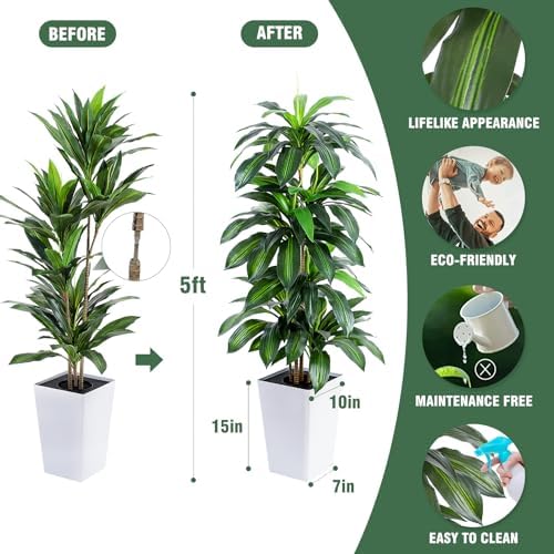 Flowworld Artificial Dracaena Tree 5ft Tall with White Planter