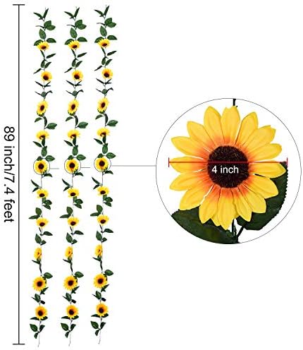 DearHouse 3 Pack Artificial Sunflower Garland with Green Leaves