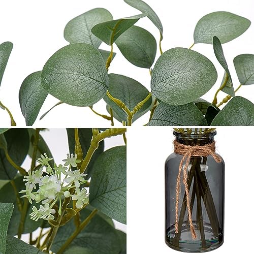 Briful Artificial Eucalyptus Leaves in Black Glass Vase