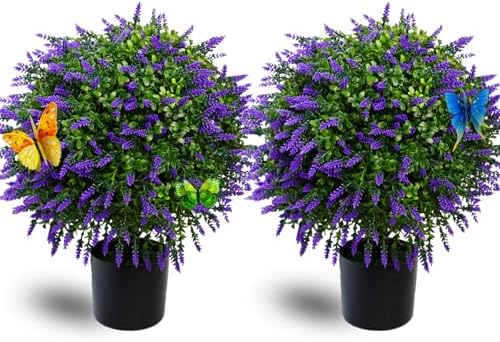Artificial Lavender Topiary Ball Tree Set of 2 with 12 Butterflies