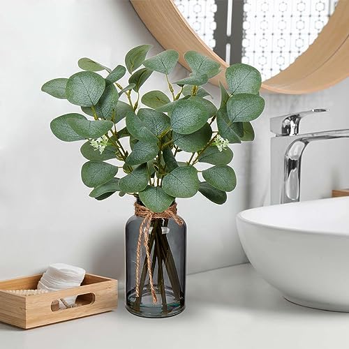 Briful Artificial Eucalyptus Leaves in Black Glass Vase