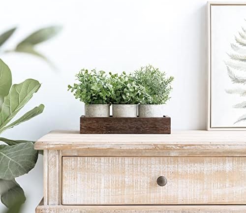 Dahey 3 Pack Mini Artificial Eucalyptus Plants with Wood Tray