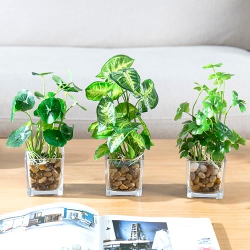 MyGift Set of 3 Fake Plants with Clear Glass Pots