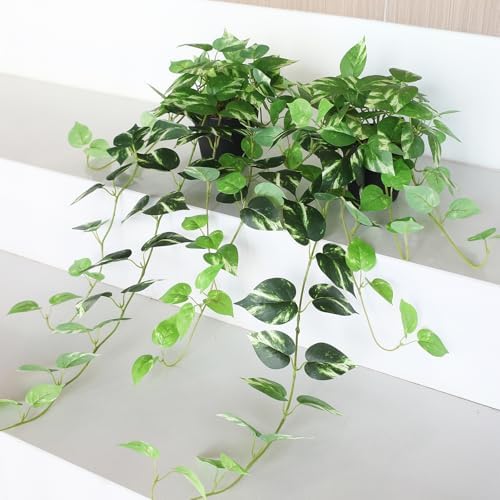 Fake Pothos Hanging Plants Set of 2 Artificial Silk Ivy Vines with Pots