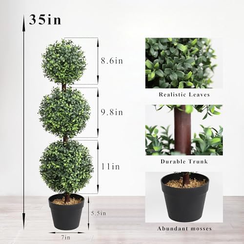 35 Inch Artificial Triple Ball Boxwood Topiary Tree Set of 2