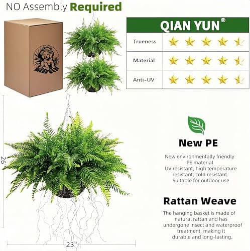 Qianyun Fake Fern Artificial Plants 2-Pack Hanging Decor