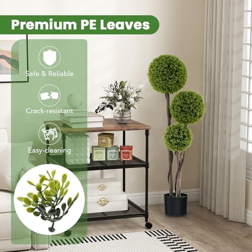 GOFLAME 4FT Artificial Boxwood Topiary Triple Ball Faux Plant in Pot