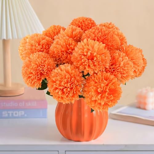Hananona 12 Pcs Artificial Chrysanthemums Ball Flowers Orange