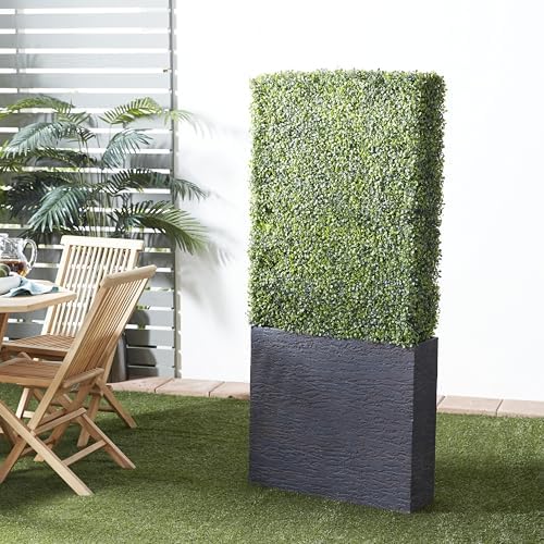 Deco 79 Artificial Topiary Boxwood Hedge with Black Cement Planter