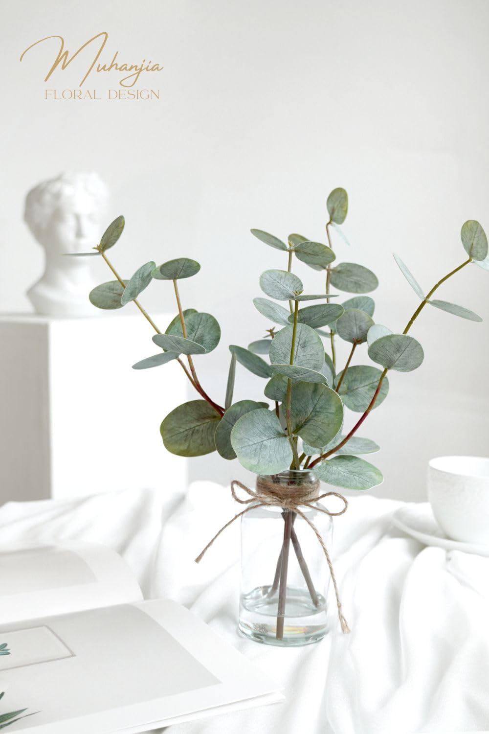 Artificial Eucalyptus Stems in Glass Vase with Faux Water 3Pcs