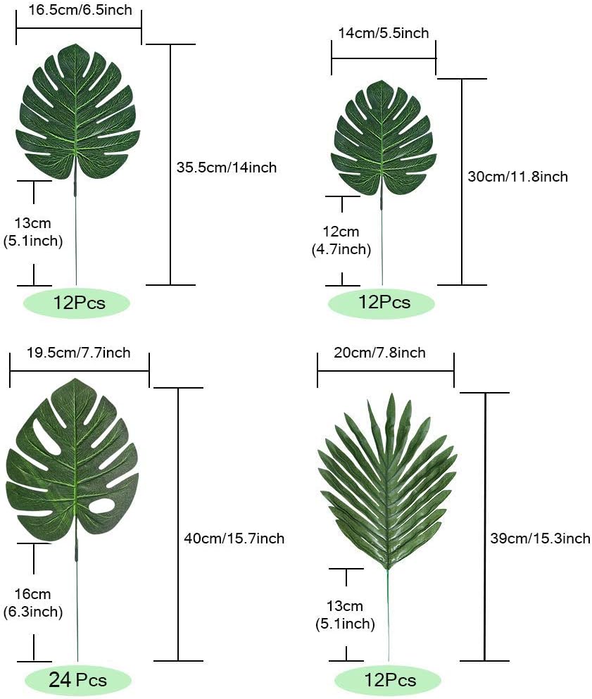 60 Pieces 4 Kinds Artificial Palm Leaves with Stems
