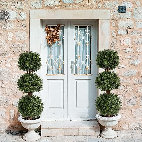 Momoplant Artificial Topiary Triple Ball Boxwood Tree Set of 2