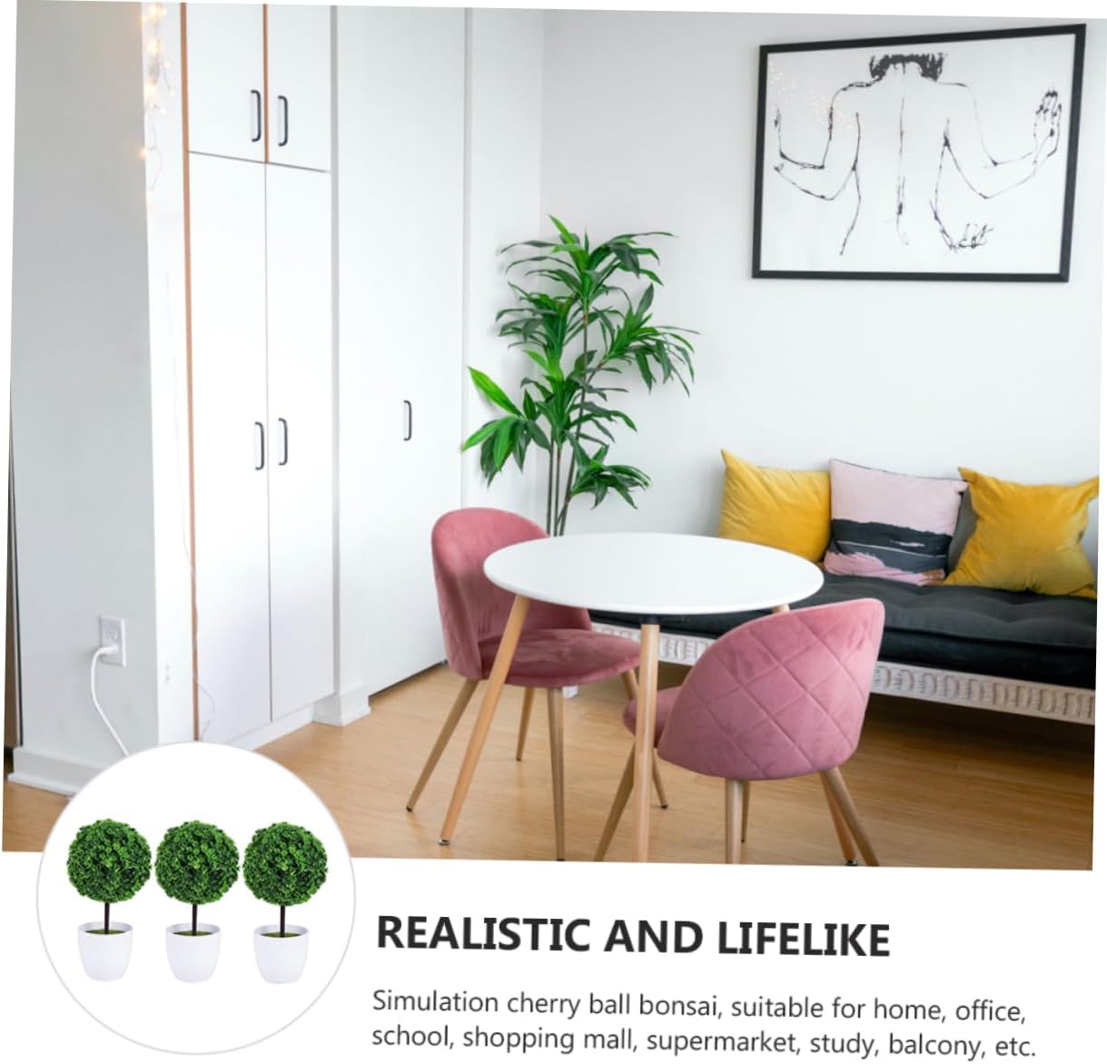 3Pcs Artificial Cherry Ball Bonsai for Home Office Decor