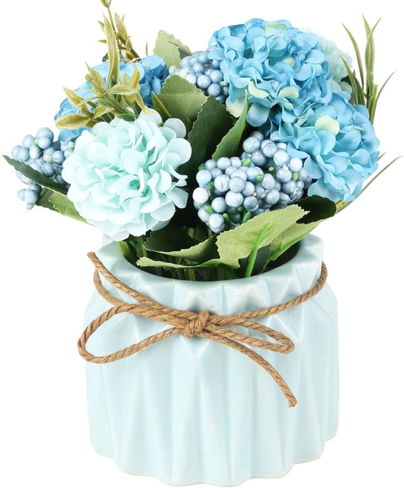 Artificial Hydrangea Bouquet with Blue Ceramic Vase