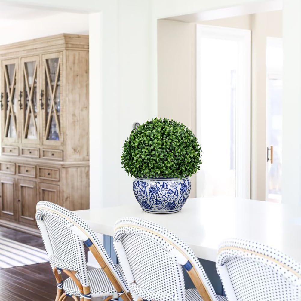 DILATATA Artificial Boxwood Ball in Blue and White Ceramic Pot