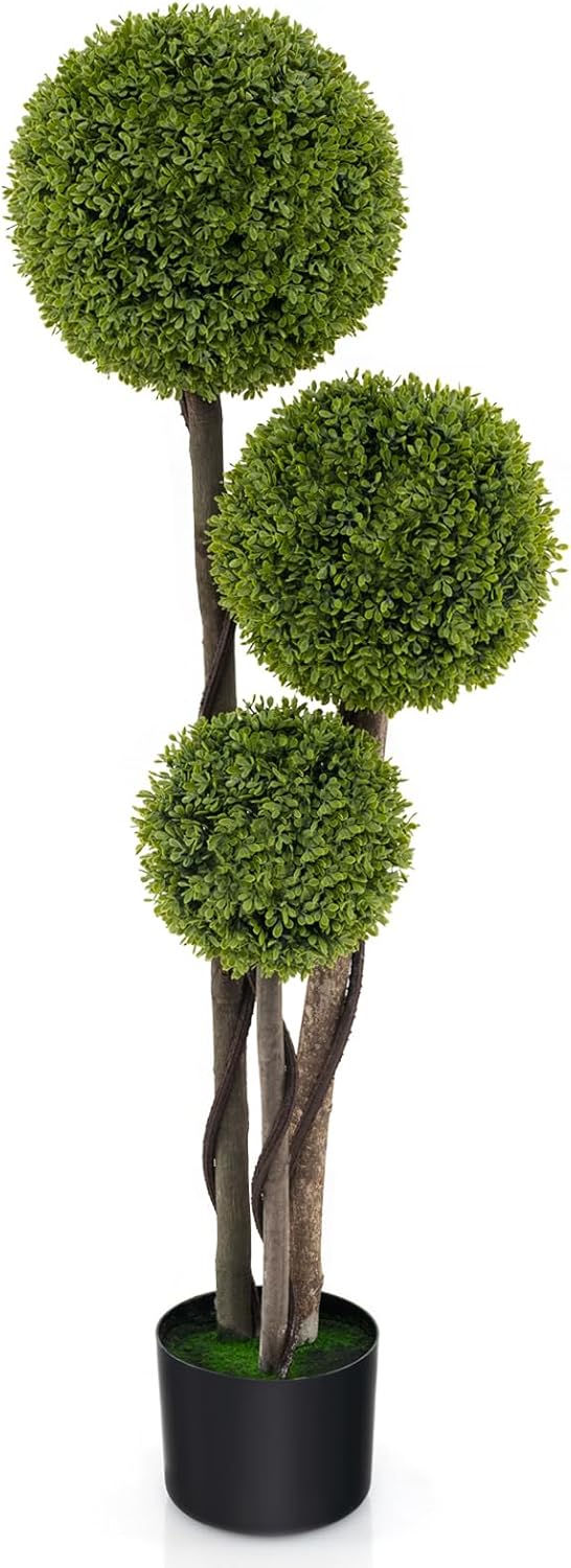 GOFLAME 4FT Artificial Boxwood Topiary Triple Ball Faux Plant in Pot