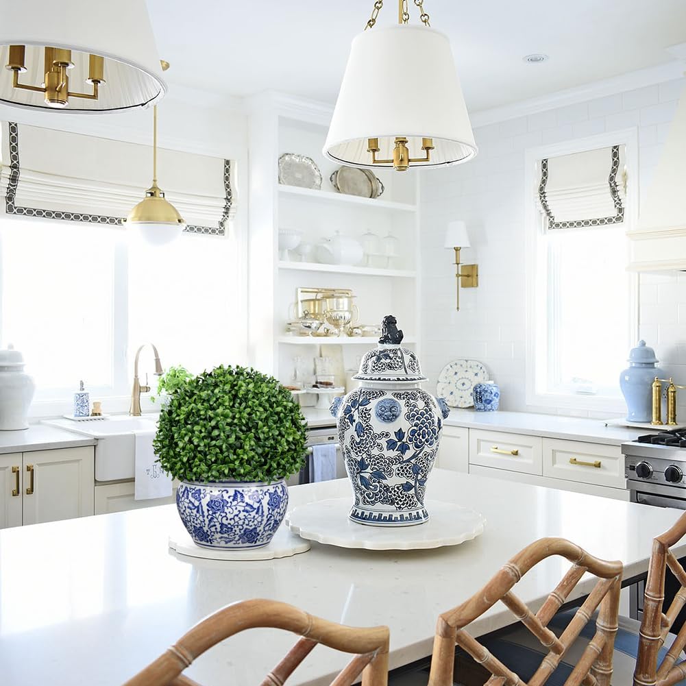 DILATATA Artificial Boxwood Ball in Blue and White Ceramic Pot