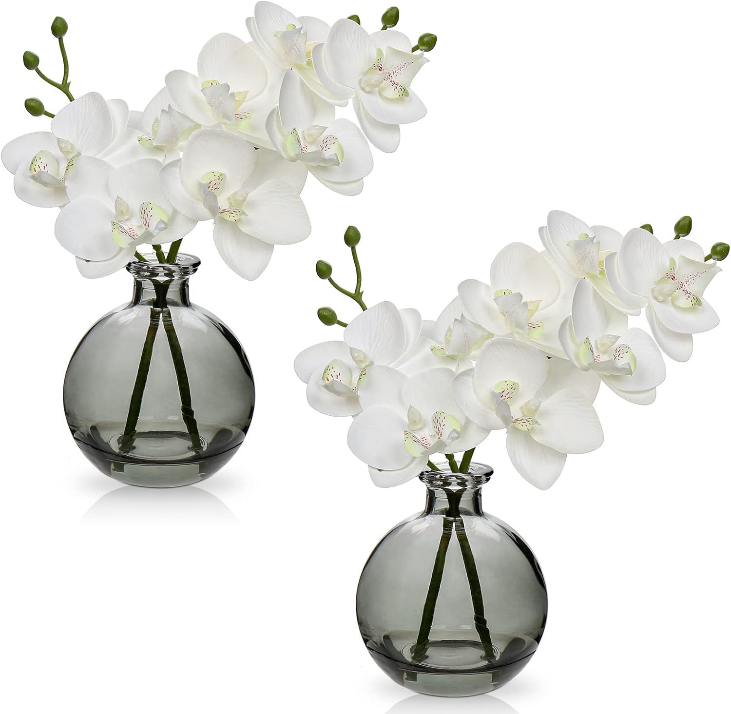 White Orchids Artificial Flowers Set of 2 with Glass Vase