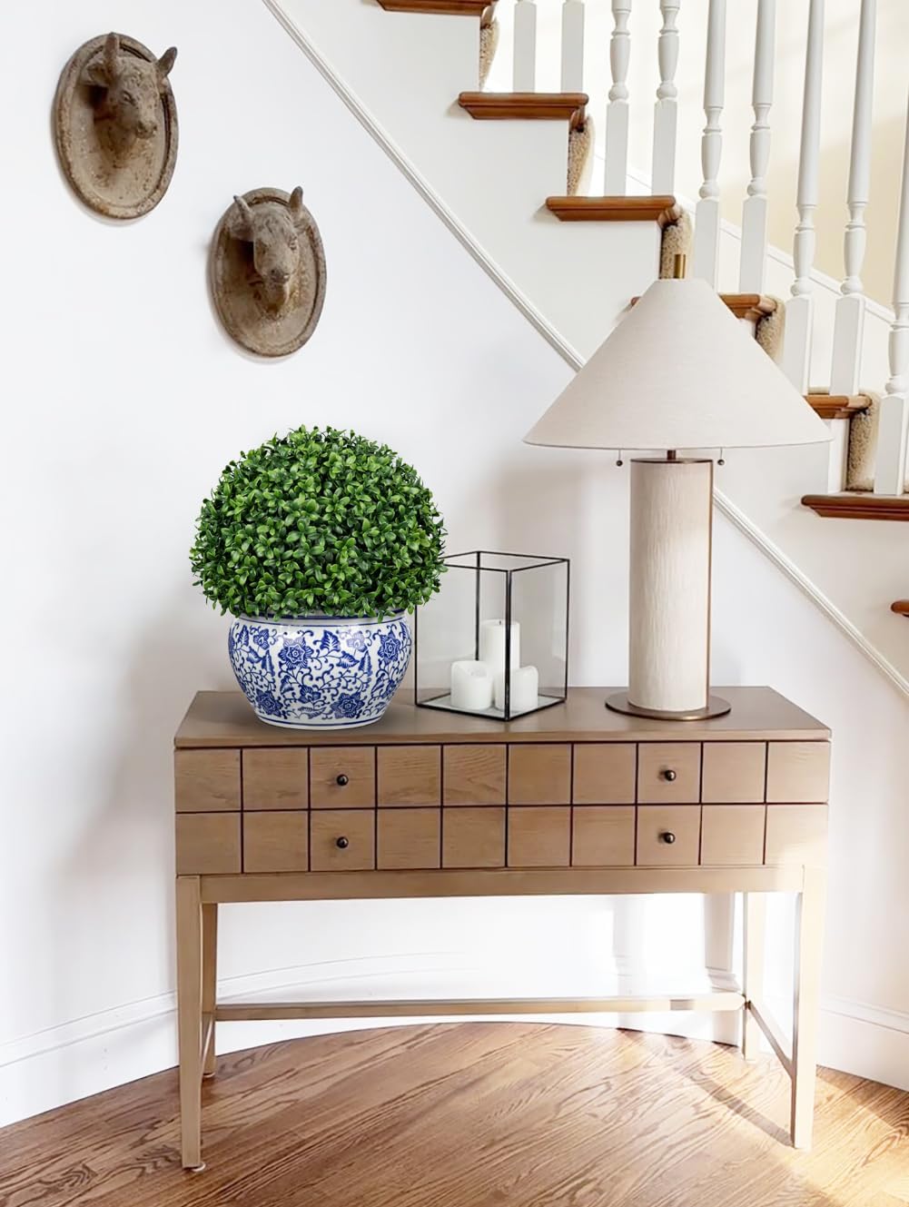 DILATATA Artificial Boxwood Ball in Blue and White Ceramic Pot