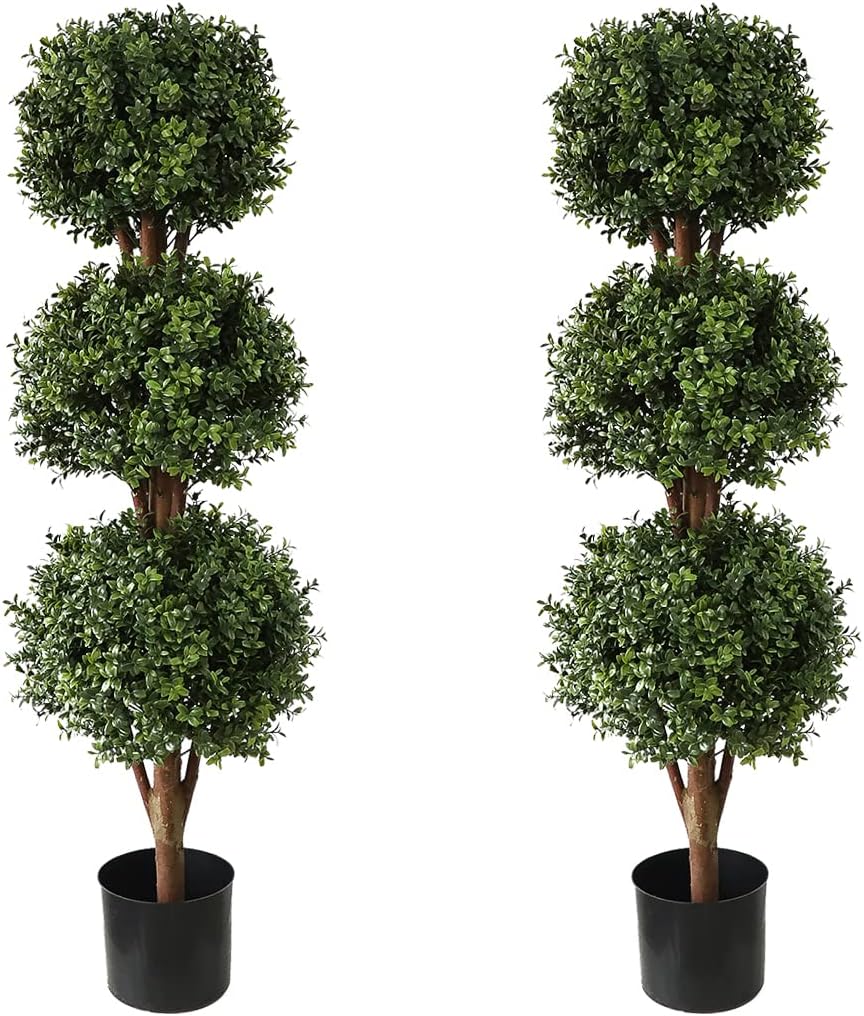 Momoplant Artificial Topiary Triple Ball Boxwood Tree Set of 2