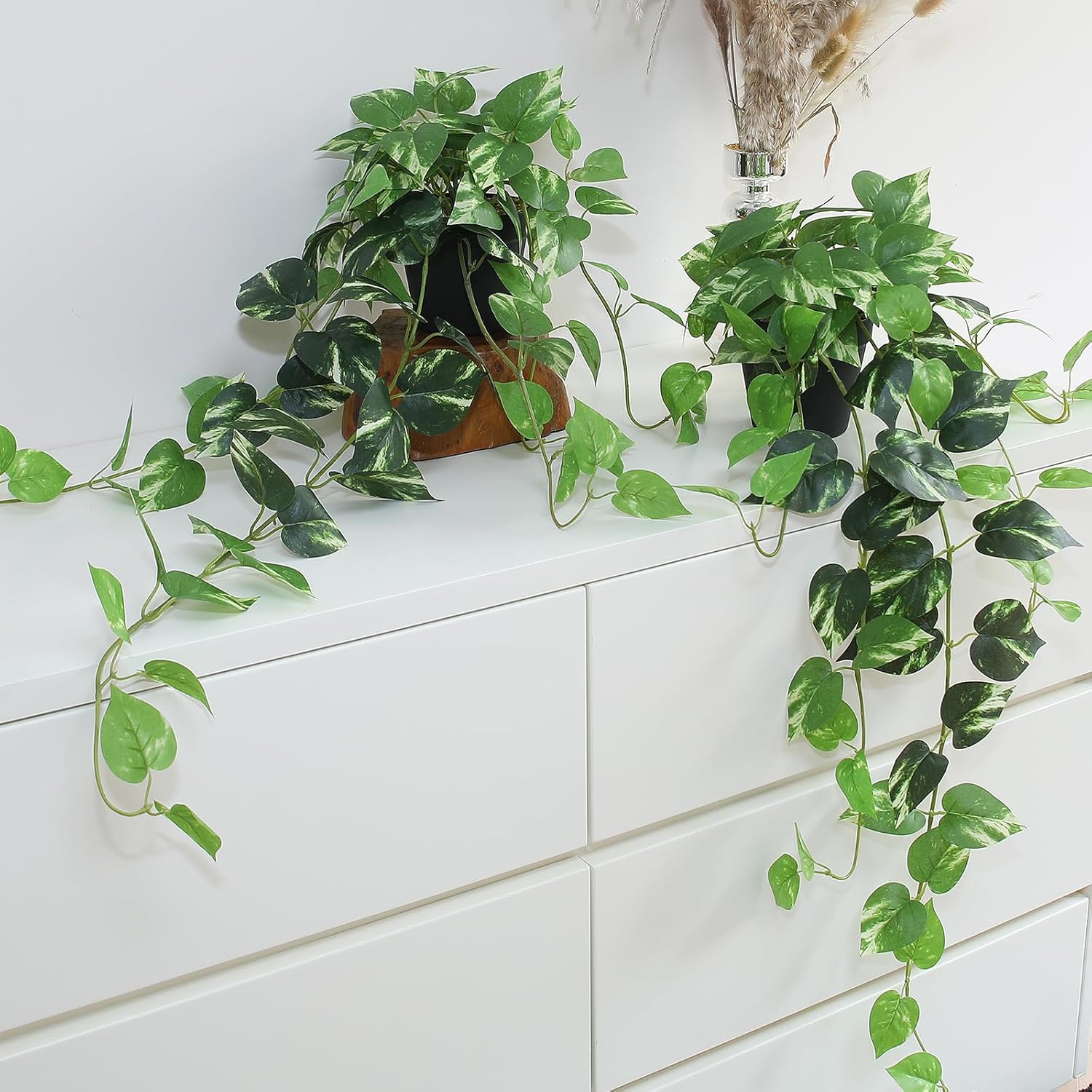 Fake Pothos Hanging Plants Set of 2 Artificial Silk Ivy Vines with Pots