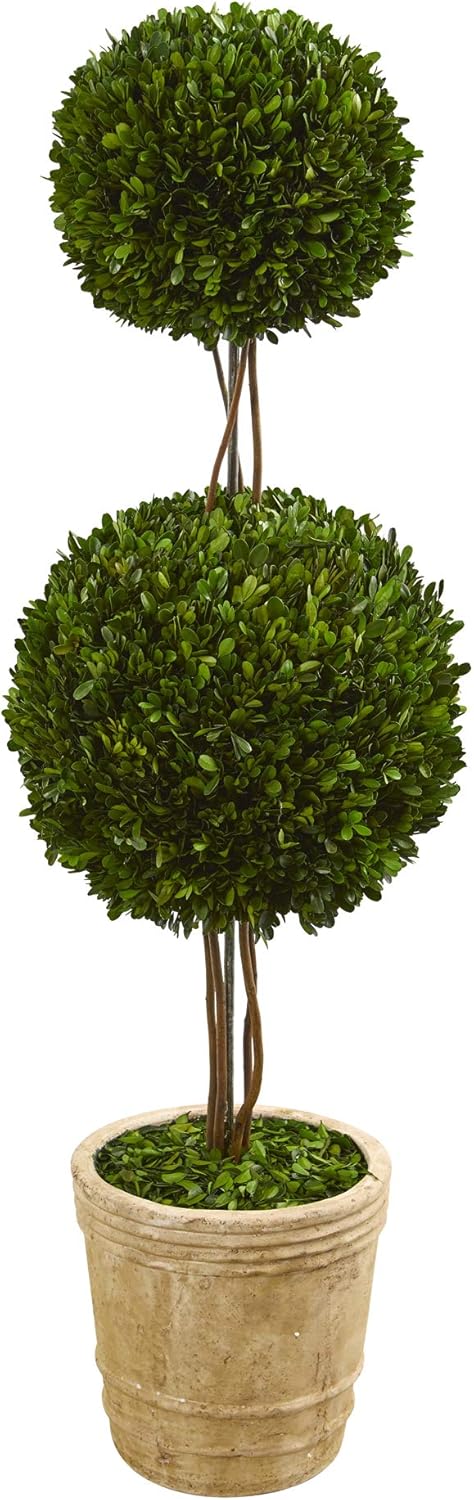 Nearly Natural 4ft Preserved Boxwood Double Ball Topiary Tree with Planter