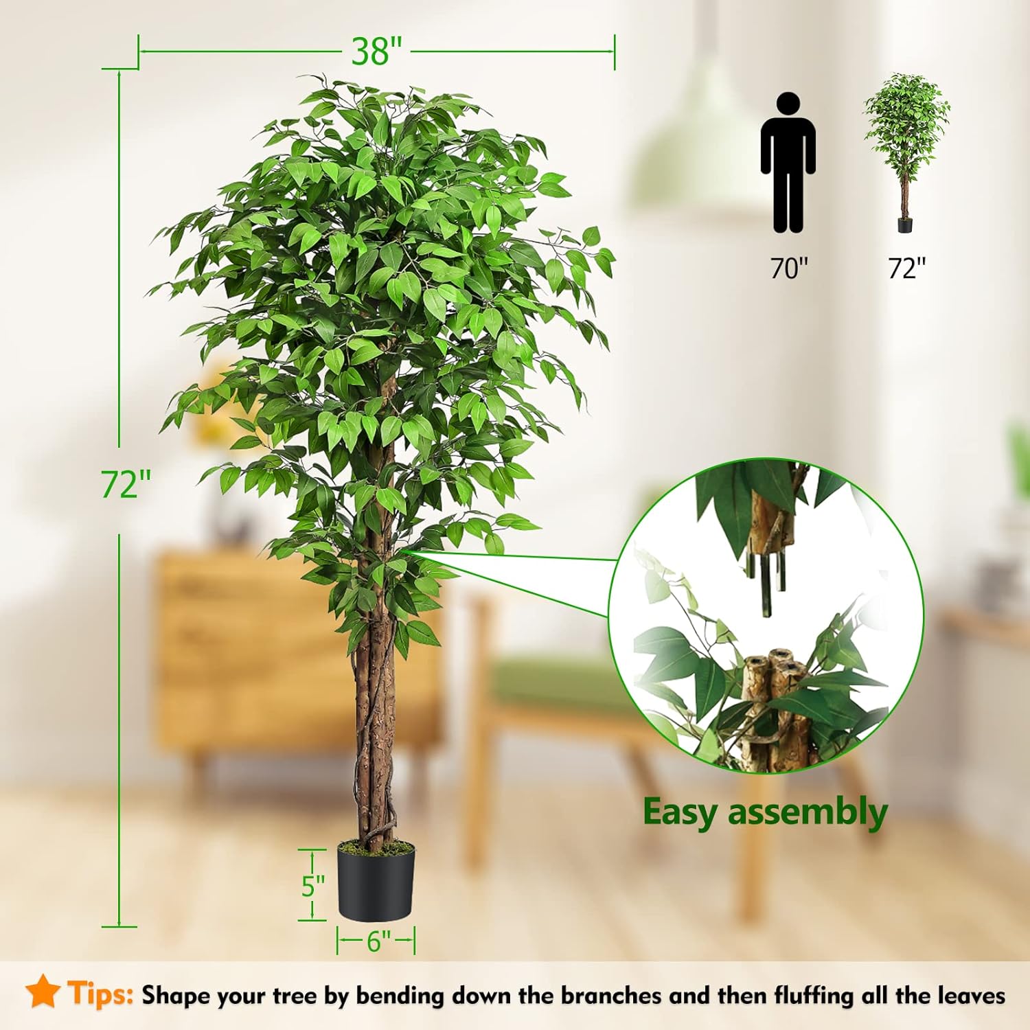 62ft Ficus Artificial Tree with 3 Trunks and Dried Moss