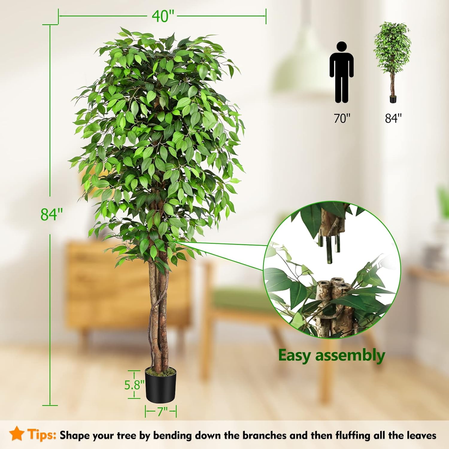 7ft Ficus Artificial Tree with Realistic Leaves and Moss