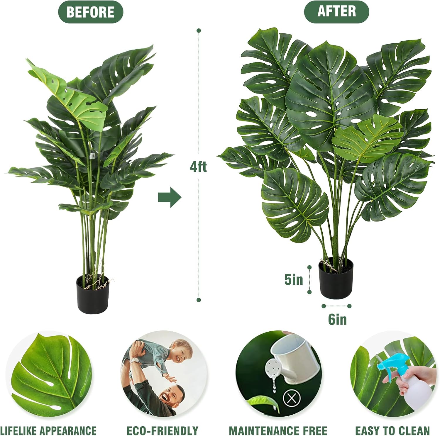 Floworld Artificial Monstera Plant 4FT Tall 2 Pack Fake Trees