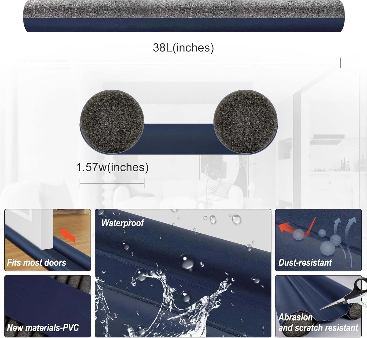 Adjustable Door Draft Stopper Gray 24-38 Inches