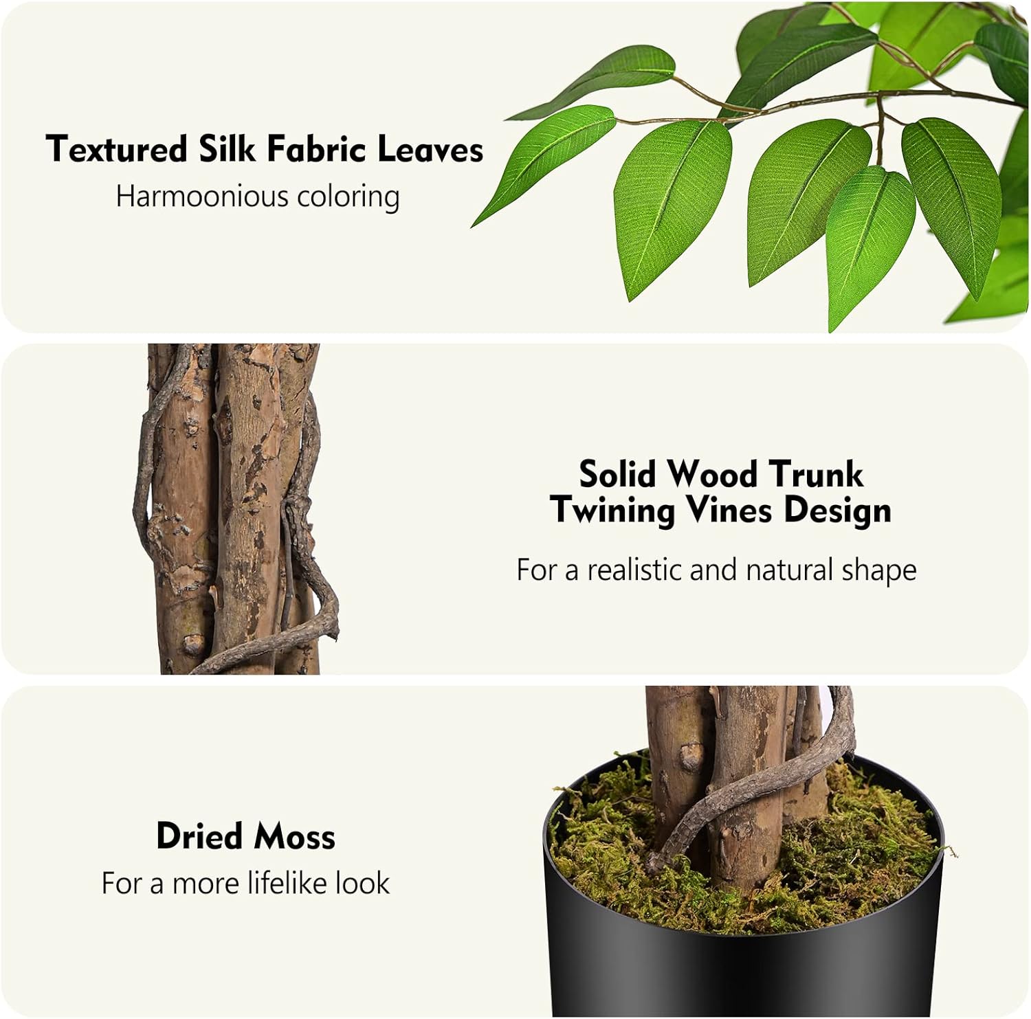 62ft Ficus Artificial Tree with 3 Trunks and Dried Moss