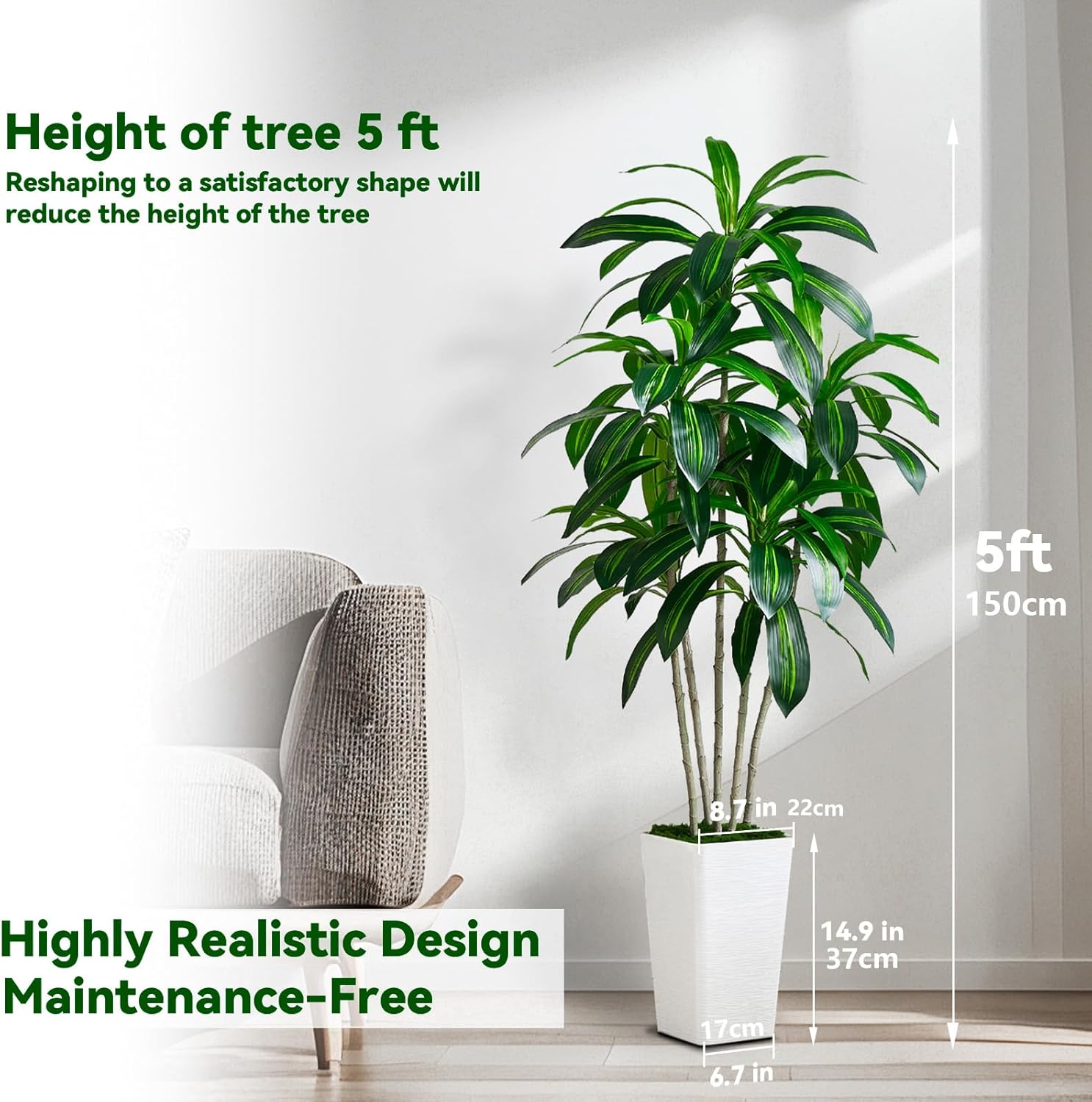 Artificial Dracaena Tree with White Tall Planter