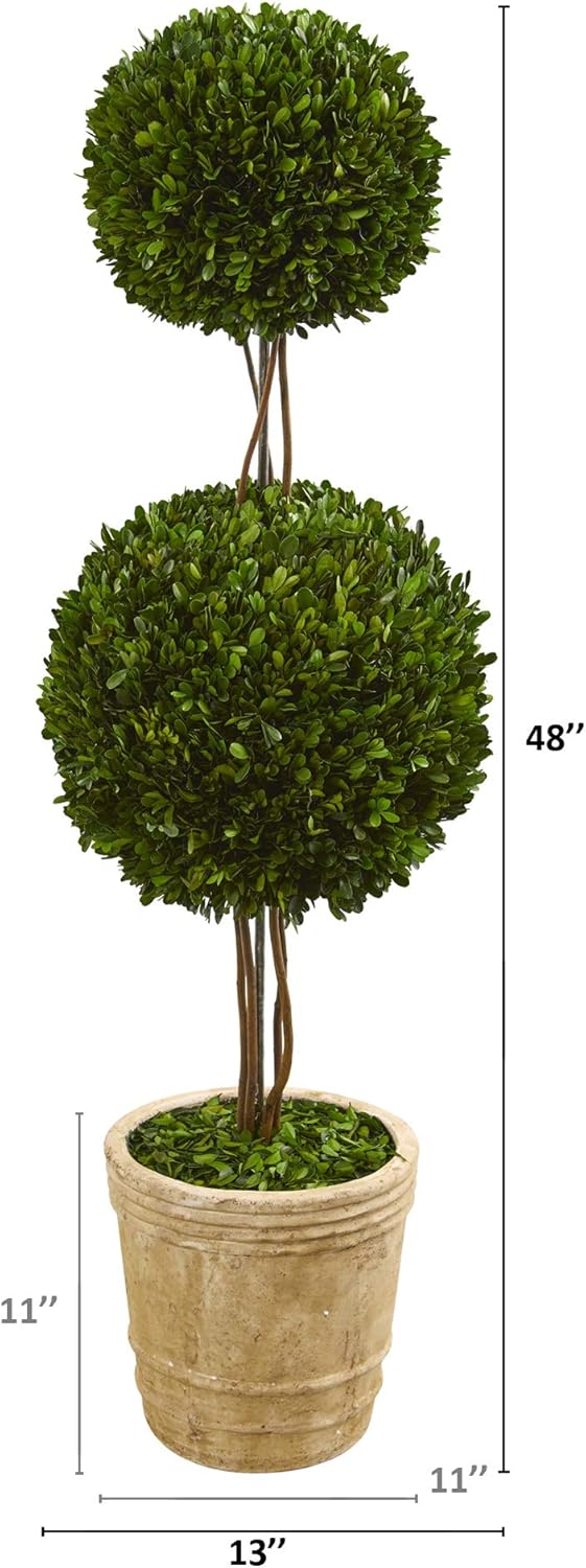 Nearly Natural 4ft Preserved Boxwood Double Ball Topiary Tree with Planter