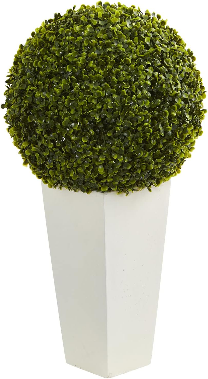 Nearly Natural 28in Boxwood Topiary Artificial Plant in White Tower Planter