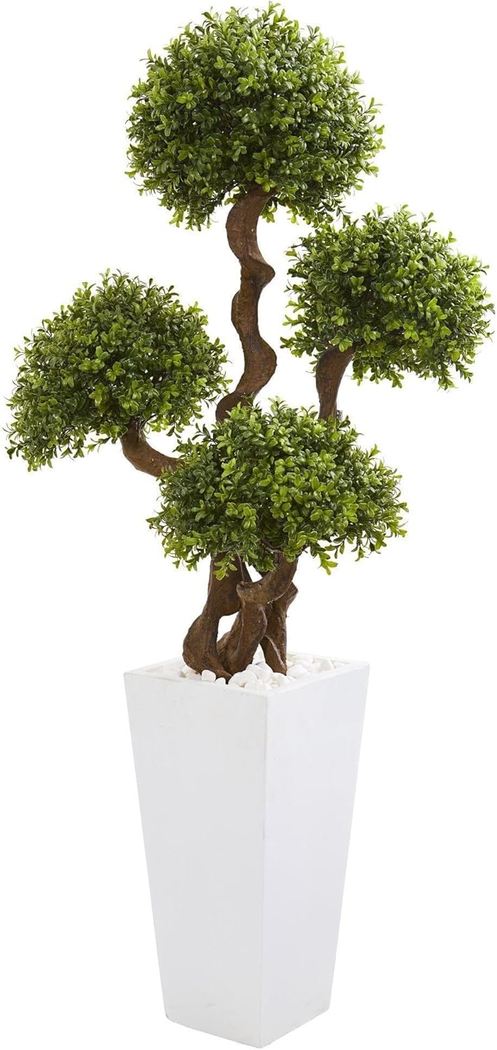 Nearly Natural 55in Four Ball Boxwood Artificial Topiary Tree in White Planter