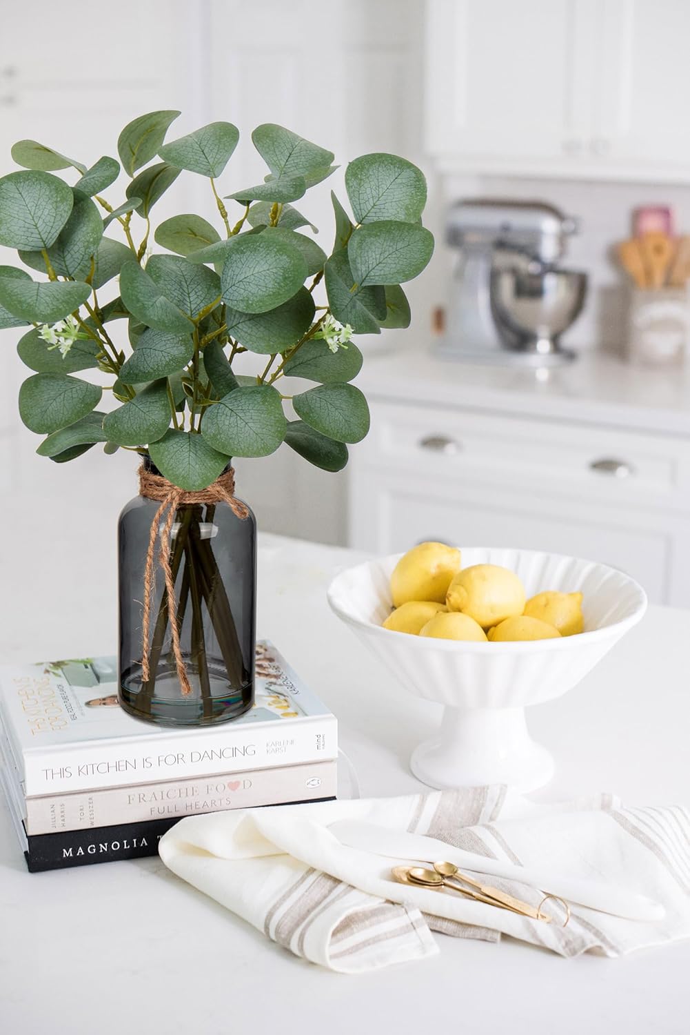 Briful Artificial Eucalyptus Leaves in Black Glass Vase