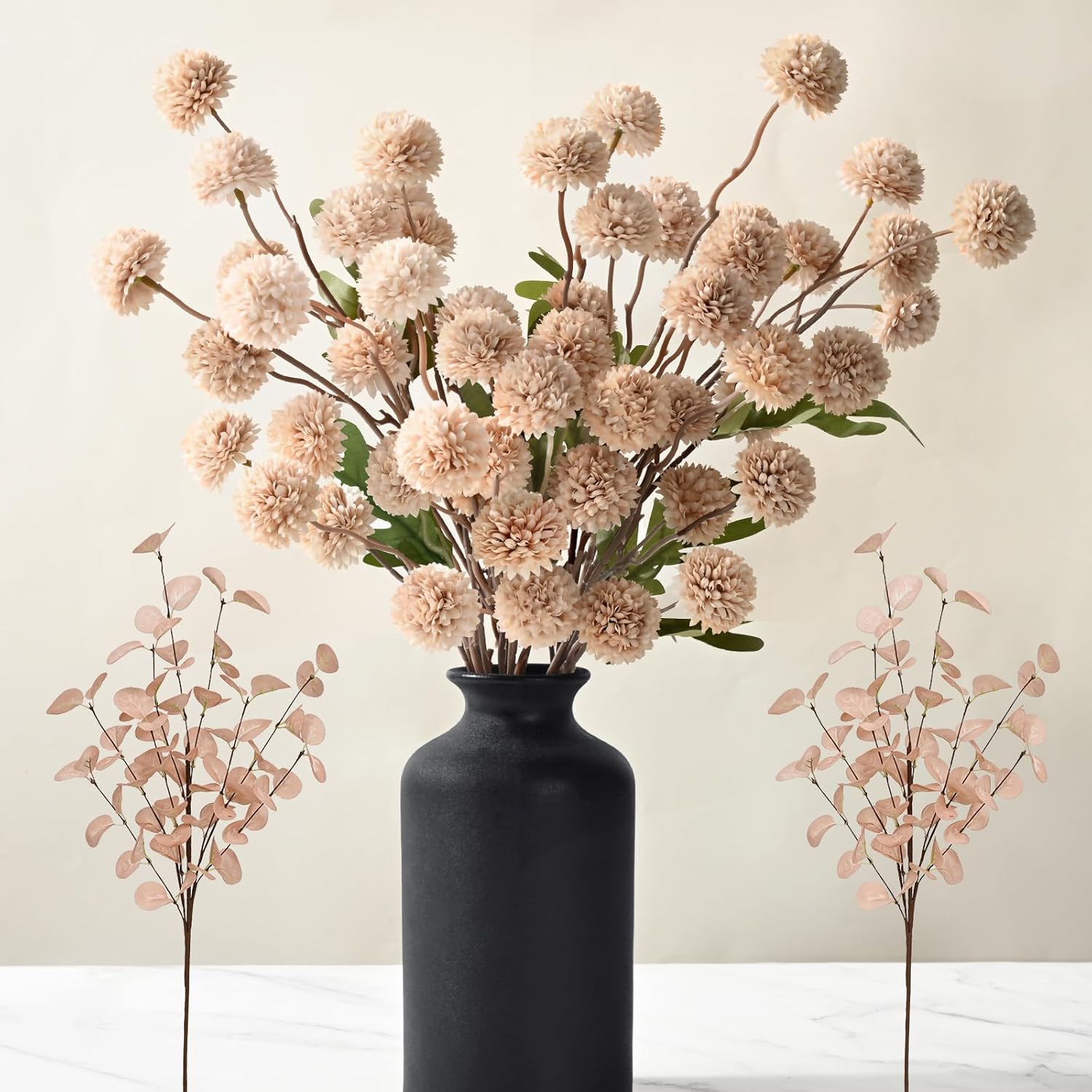 Waipfaru 10pcs Fake Silk Pompon Mum Artificial Flowers with Eucalyptus Stems