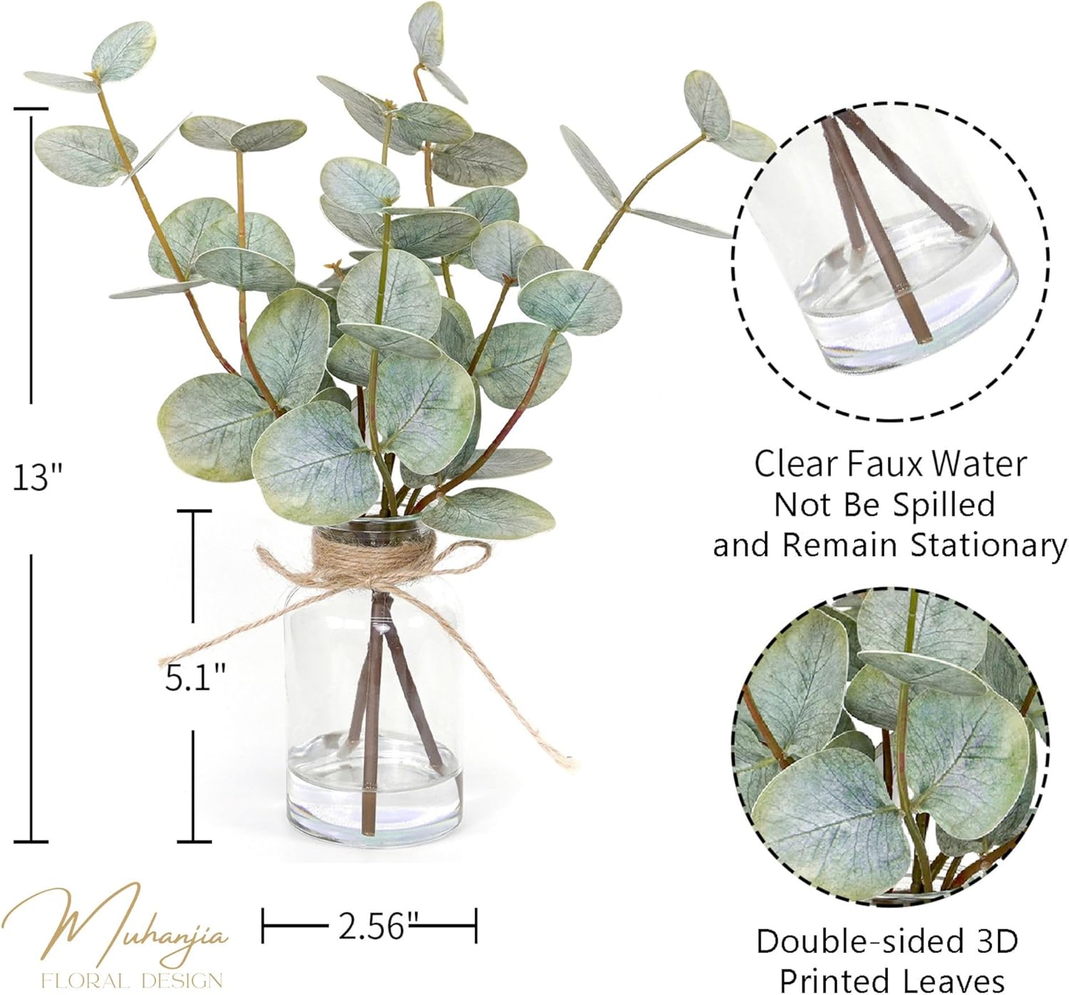 Artificial Eucalyptus Stems in Glass Vase with Faux Water 3Pcs