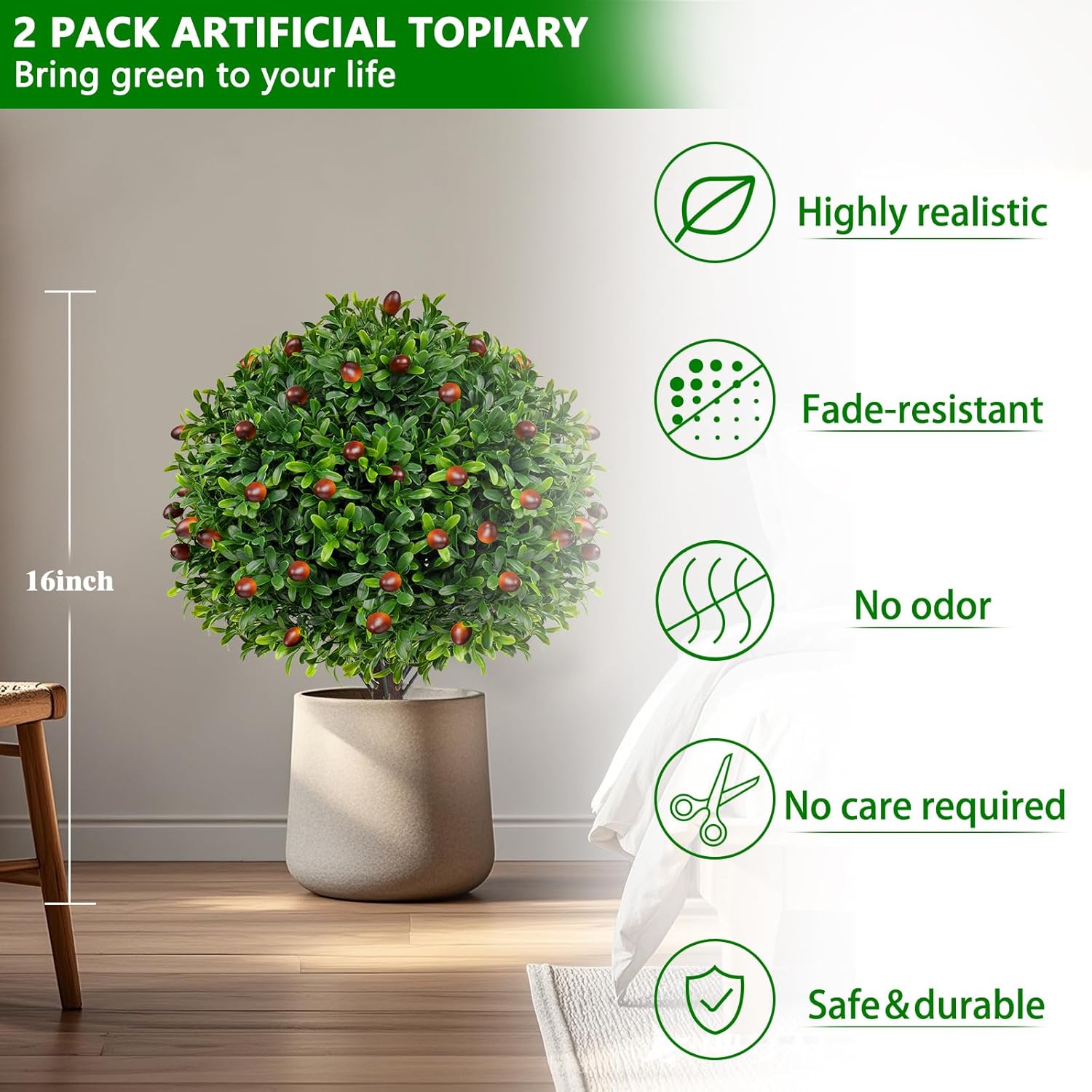 Artificial Olive Topiary Ball Trees 2 Pack 16 Inches UV Resistant