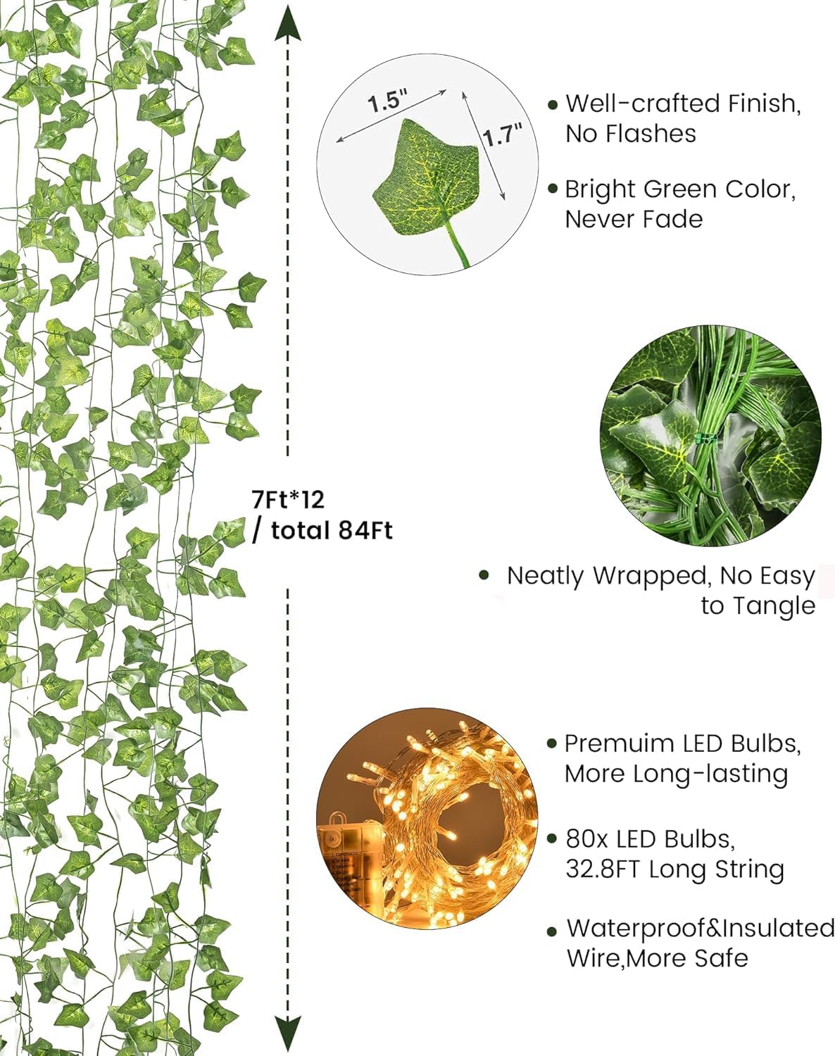 JACKYLED 84 Ft Artificial Ivy Garland with LED Lights