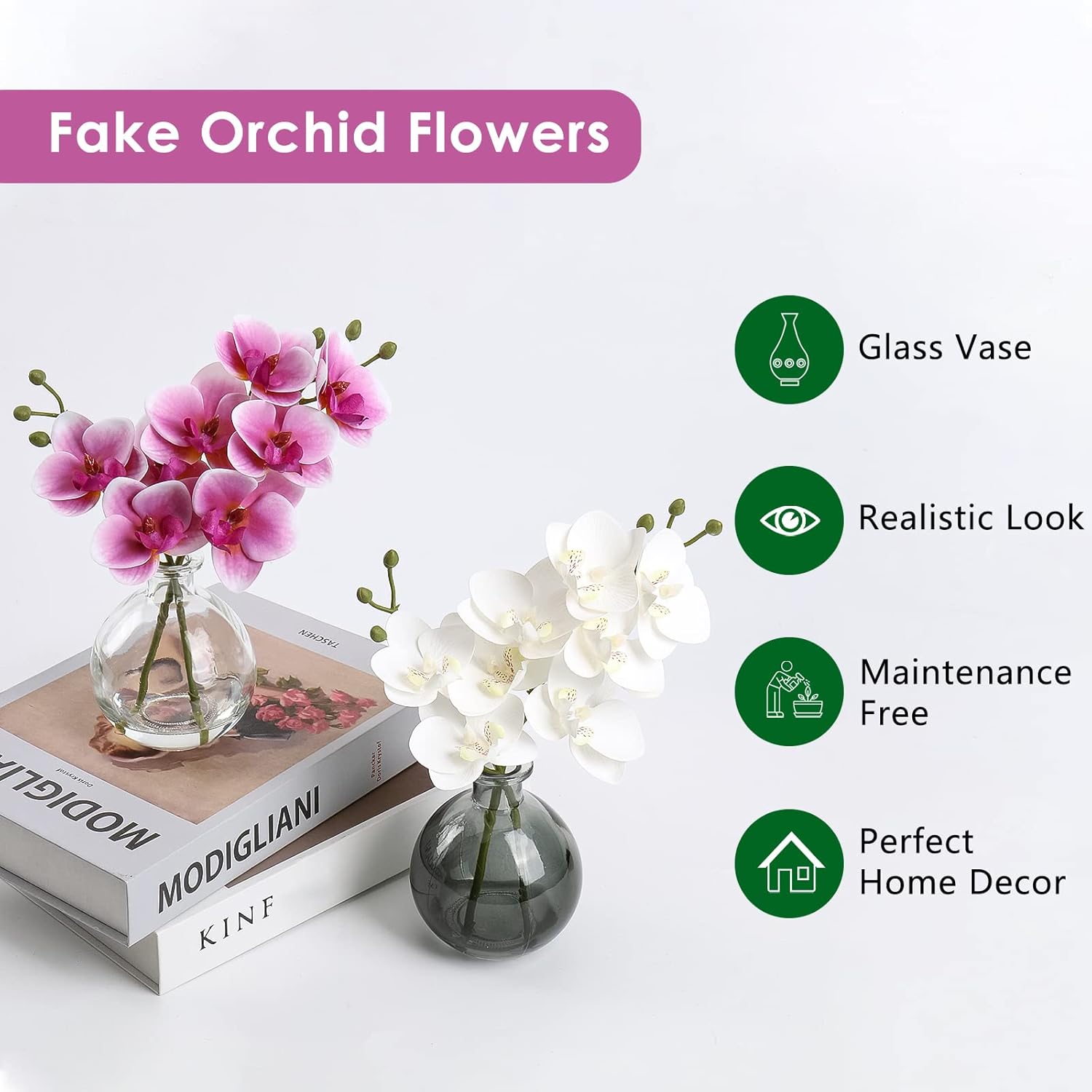 White Orchids Artificial Flowers Set of 2 with Glass Vase