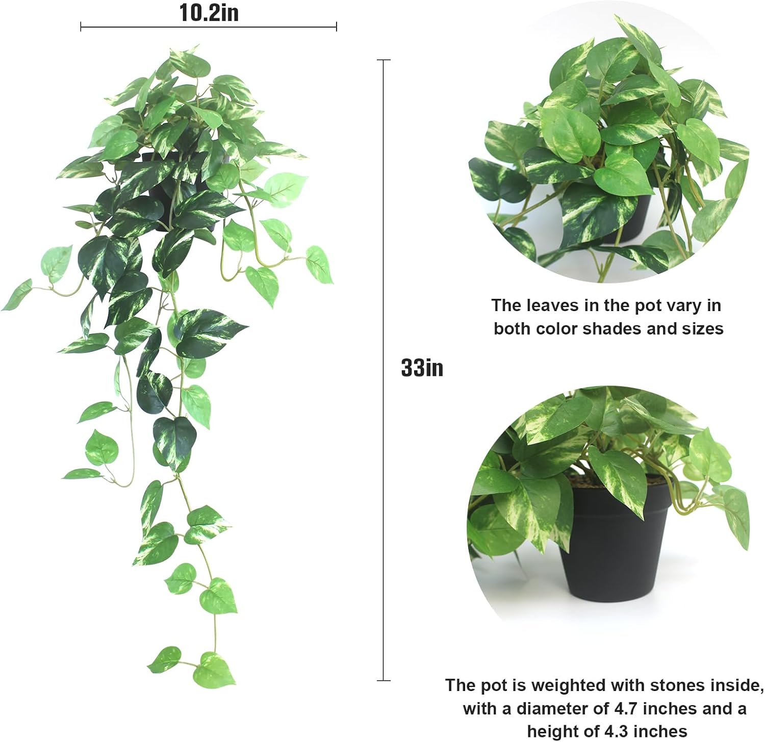 Fake Pothos Hanging Plants Set of 2 Artificial Silk Ivy Vines with Pots