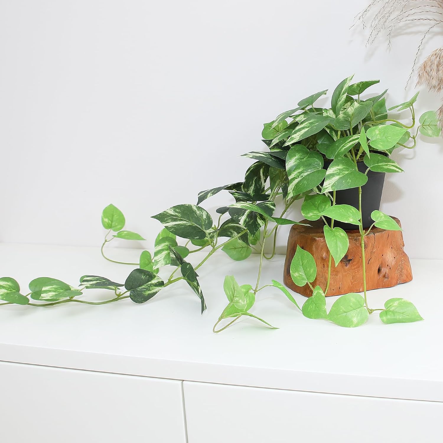 Fake Pothos Hanging Plants Set of 2 Artificial Silk Ivy Vines with Pots