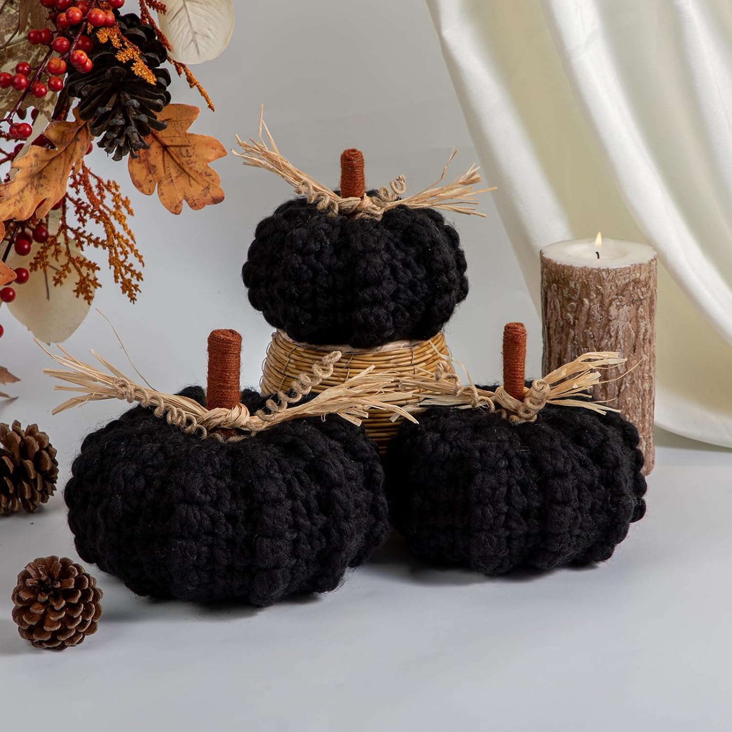 Briful Extra Large Black Yarn Pumpkins 3pcs Fall Decor